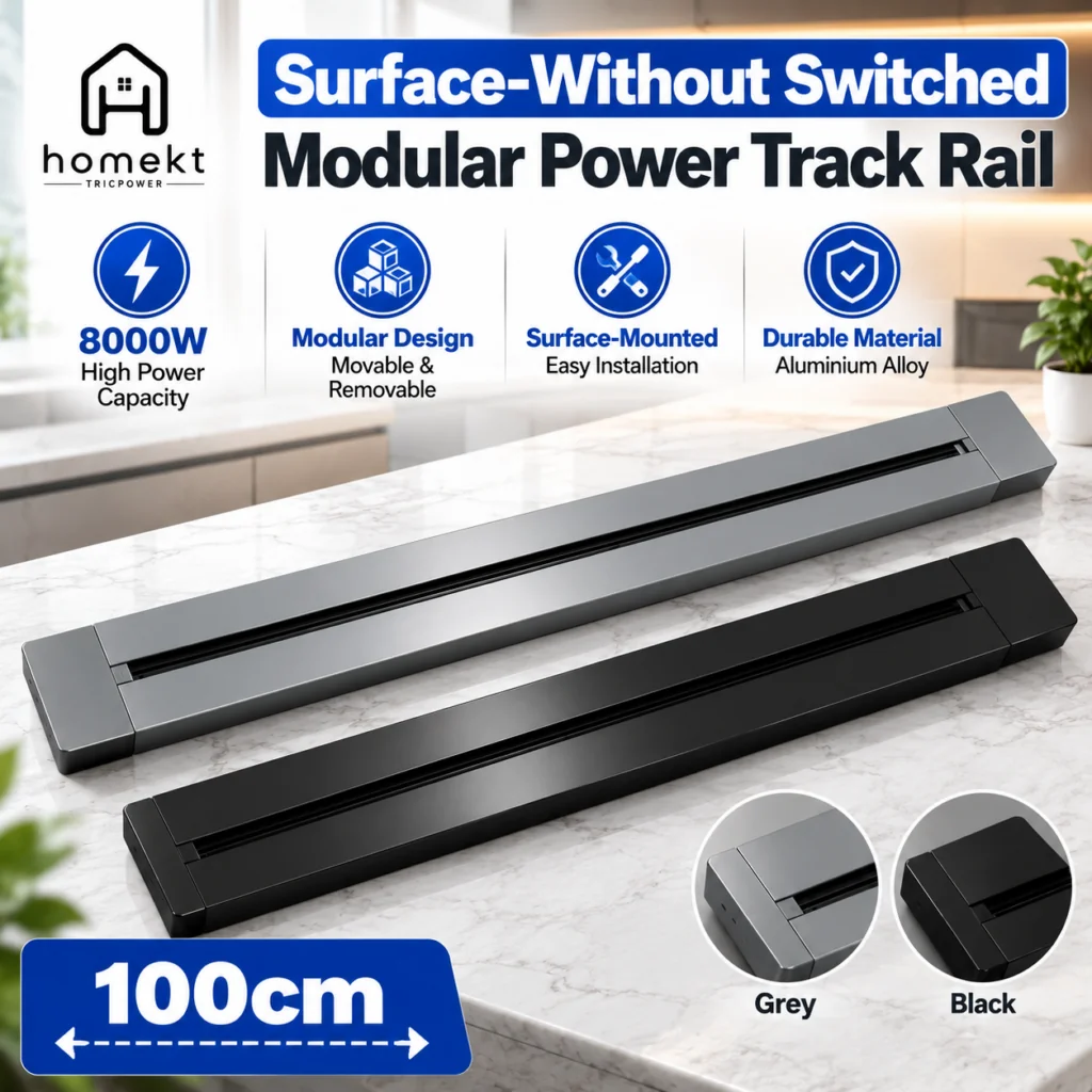 HomeKT 100cm Surface-Mounted Modular Power Track Rail, 8000W High Power Capacity, Without Switch