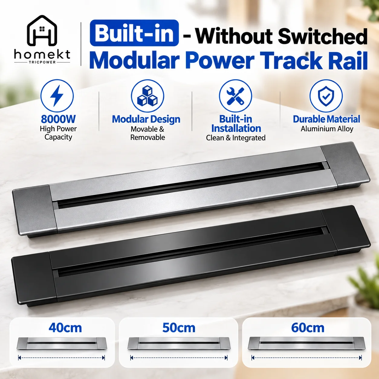 HomeKT 8000W Recessed Power Track Socket Without Switch, Built-in Modular Power Rail System, Movable & Removable Socket Track
