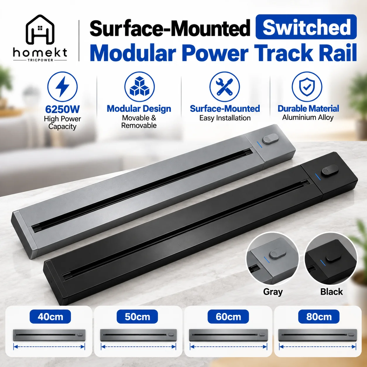 HOMEKT TRICPOWER Surface-Mounted Switched Modular Power Track Rail (Track Only)